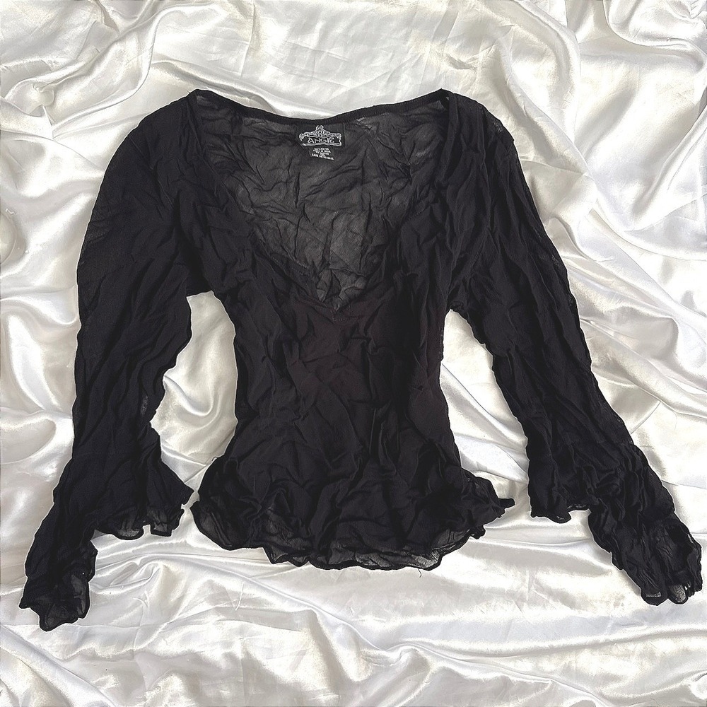 Angie Black Crinkle Gauze Ruffle Sleeve V-Neck Blouse Sheer Gothic Boho Top M